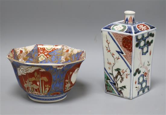 A Japanese Arita bottle vase, c.1700 and a 19th century Imari bowl height 20cm